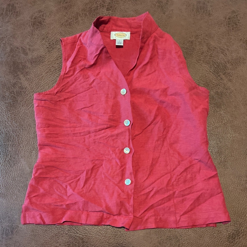 Talbots Red Silk Linen Sleeveless Button Down Mandarin Collar Top Size 4